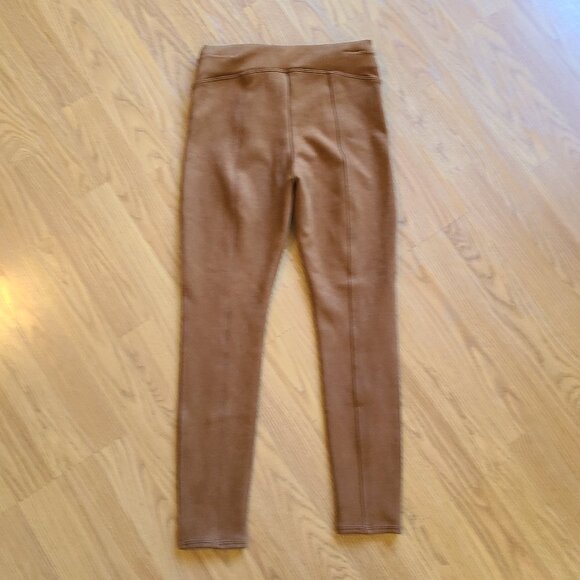 SPANX MID RISE FAUX SUEDE LEGGINGS STRETCH FITTED SEAMED RICH CARAMEL sz S - Picture 4 of 6